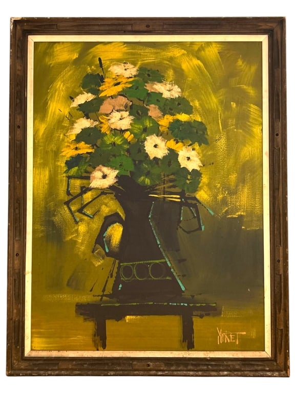 FLORAL STILL LIFE SIGNED OIL PAINTING 35" X 44": Bold and decorative mid century modern oil on canvas featuring a stylized floral still life arrangement rendered in expressive brushwork and vibrant tones of yellow, green, and cream against a rich ab
