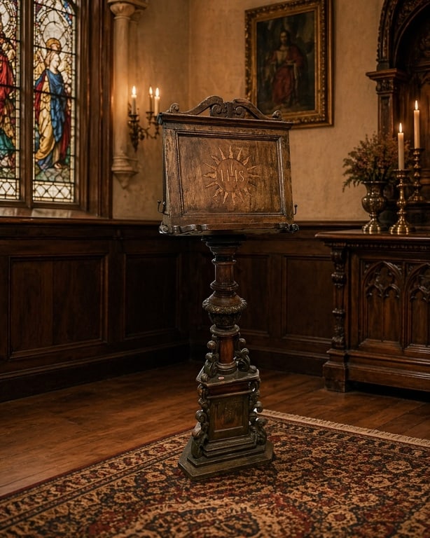 ANTIQUE CARVED ECCLESIASTICAL IHS PEDESTAL DISPLAY (1 of 17)
