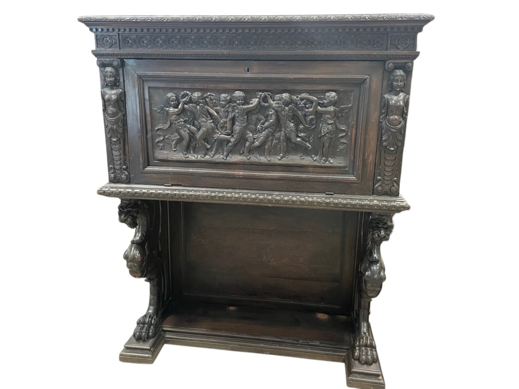 ITALIAN RENAISSANCE REVIVAL CARVED FIGURAL CABINET: ** THESE ITEMS WILL BE FOR PICK UP OFF SITE (IN DELRAY BEACH, FLORIDA) ONLY ON DESIGNATED DAYS, there will be MANY pick up days, BE AWARE and SCHEDULE WITH US AFTER WINNING at this email: