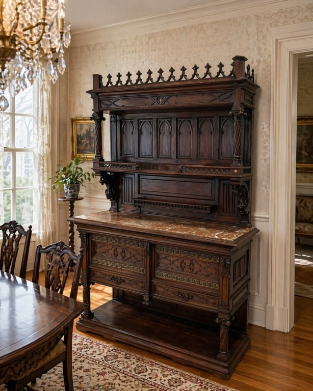 VICTORIAN GOTHIC REVIVAL SIDEBOARD BUFFET: ** THESE ITEMS WILL BE FOR PICK UP OFF SITE (IN DELRAY BEACH, FLORIDA) ONLY ON DESIGNATED DAYS, SCHEDULE WITH US AFTER WINNING at this email: dejavuauctions@aol.com ** Impressive Victorian Gothic /