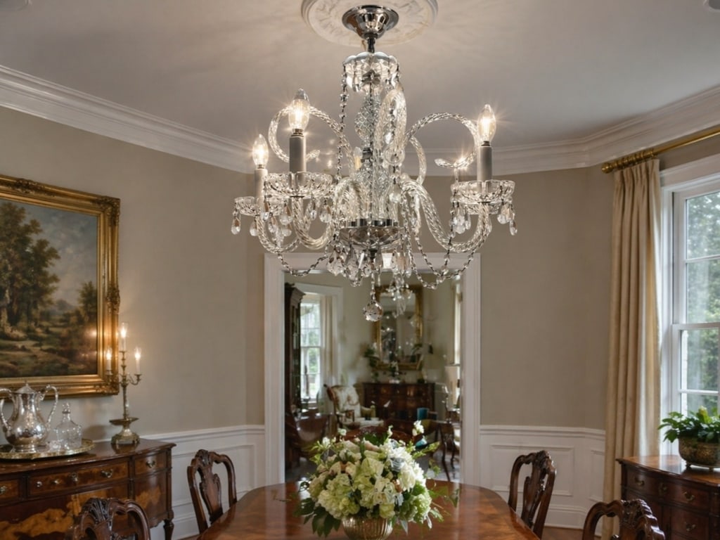 VENETIAN STYLE CRYSTAL DROP CHANDELIER 26" LENGTH: **Lead photo has been virtually staged using AI to demonstrate scale and design potential; please review all additional photos carefully for accurate condition details, wear, and imperfections.