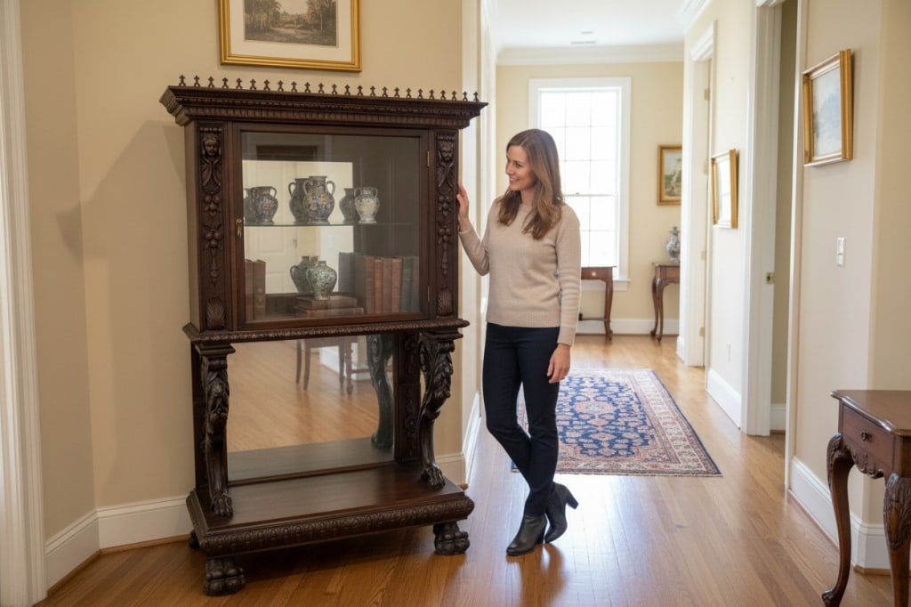 ANTIQUE CARVED GLASS CLAW FOOT FIGURAL CABINET (1 of 15)