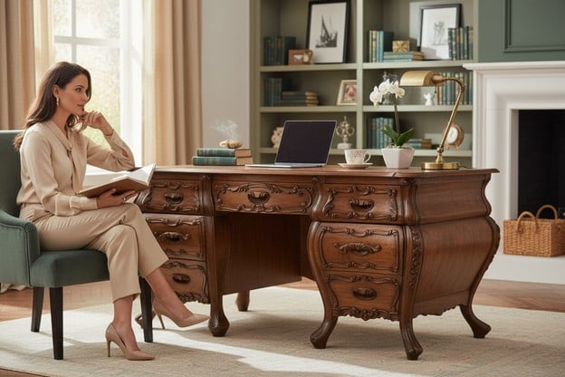 ANTIQUE LOUIS XV STYLE CARVED WOOD BOMBAY DESK: A substantial antique Louis XV style carved wood partner’s desk, featuring a gracefully shaped serpentine form with richly carved drawer fronts, scrolling acanthus motifs, and cabriole legs terminat