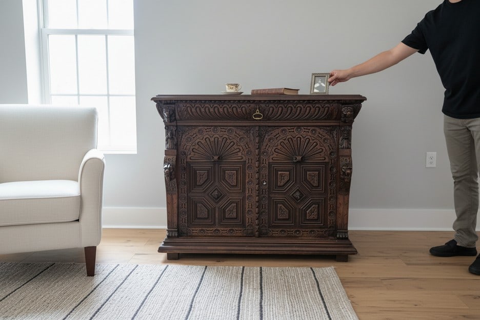 RENN REVIVAL CARVED LIONS DARK WOOD CHEST W/ KEY: 48 WIDE X 19 DEEP AND 40 TALL IN INCHES for this beautiful piece of furniture, please look at real pictures for all details and sizing. Stunning handcarved wood and amazing detail, wood and carvings a