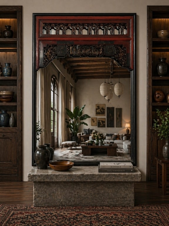 VTG ASIAN CARVED WOOD AND GILT ACCENT MIRROR 36" (1 of 6)