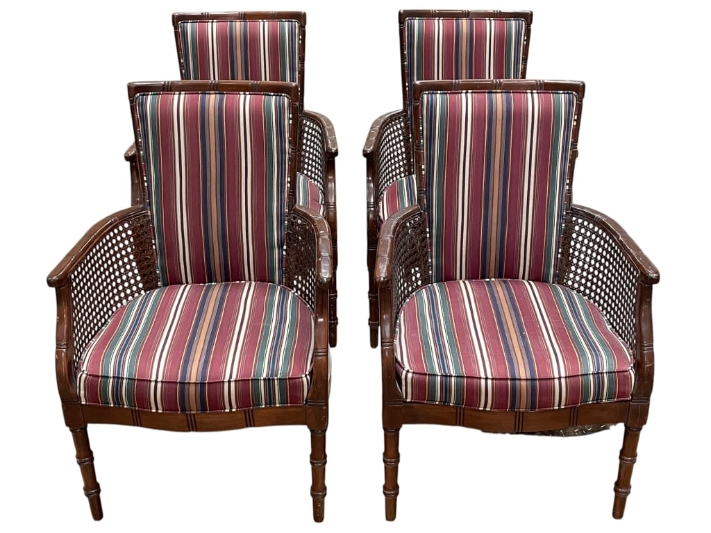 4 X CANE ARMED LATE 1800'S STRIPED FABRIC CHAIRS: TURN of the 19th century circa late 1800's with amazing cane detailed carved arms on each armchair. HIGH back with Victoriana styling. Fabric is a sateen feeling smooth material on the back and seat o