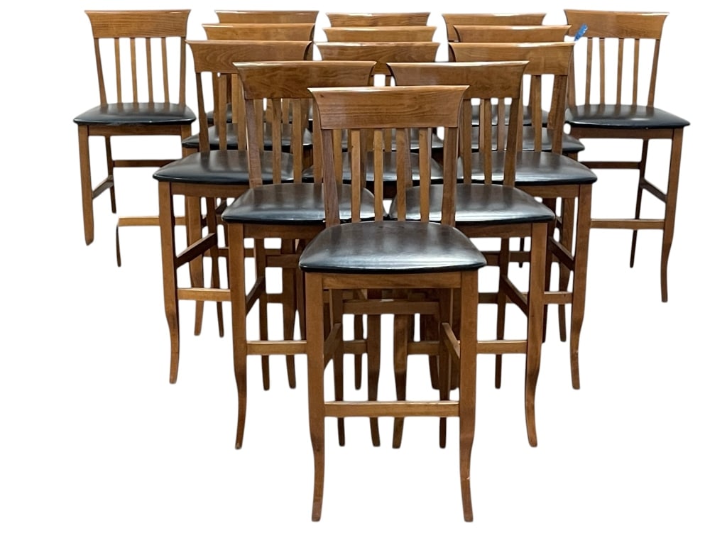 MID-CENTURY WOOD VINYL BARSTOOLS LOT OF 14 - 30"H: ** THESE ITEMS WILL BE FOR PICK UP OFF SITE (IN DELRAY BEACH, FLORIDA) ONLY ON DESIGNATED DAYS, there will be MANY pick up days, BE AWARE and SCHEDULE WITH US AFTER WINNING at this email: dejavuauctio