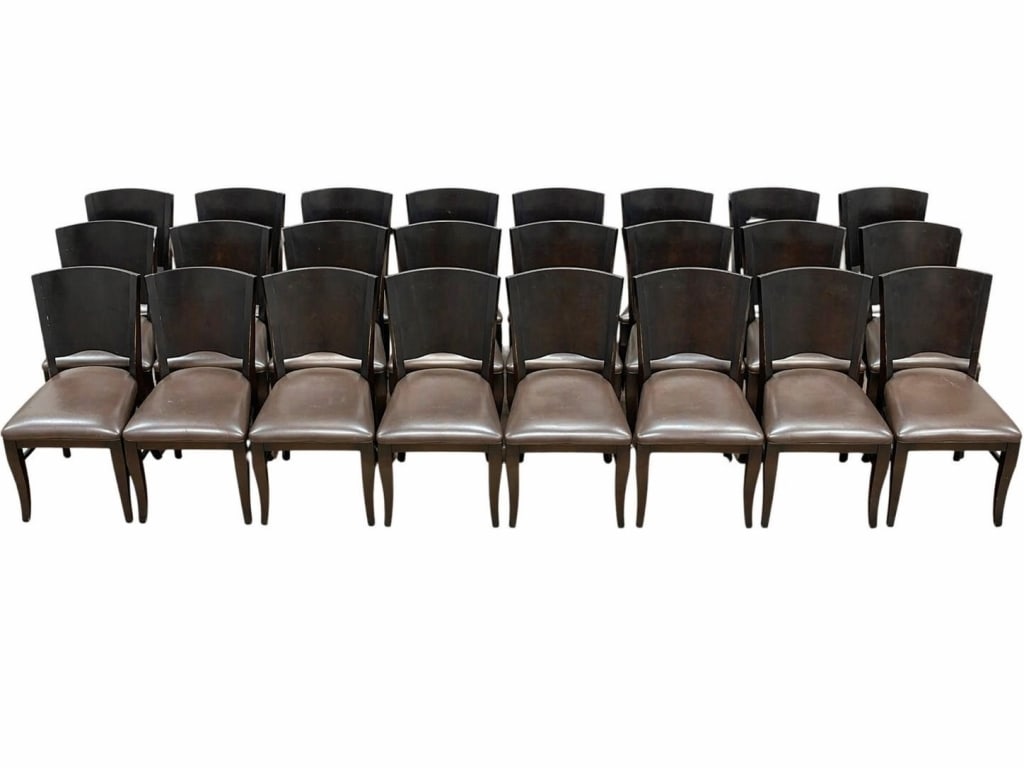 LOT OF 21 DK WOOD DINING THEATRE SEAT CHAIRS 34" H: ** THESE ITEMS WILL BE FOR PICK UP OFF SITE (IN DELRAY BEACH, FLORIDA) ONLY ON DESIGNATED DAYS, there will be MANY pick up days, BE AWARE and SCHEDULE WITH US AFTER WINNING at this email: dejavuauctio