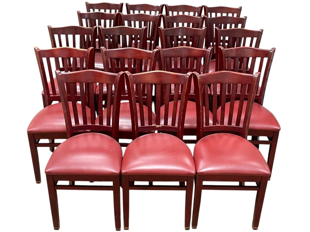 LOT OF 18 CHERRY FINISH DINING THEATRE CHAIRS 35"H: ** THESE ITEMS WILL BE FOR PICK UP OFF SITE (IN DELRAY BEACH, FLORIDA) ONLY ON DESIGNATED DAYS, there will be MANY pick up days, BE AWARE and SCHEDULE WITH US AFTER WINNING at this email: dejavuauctio