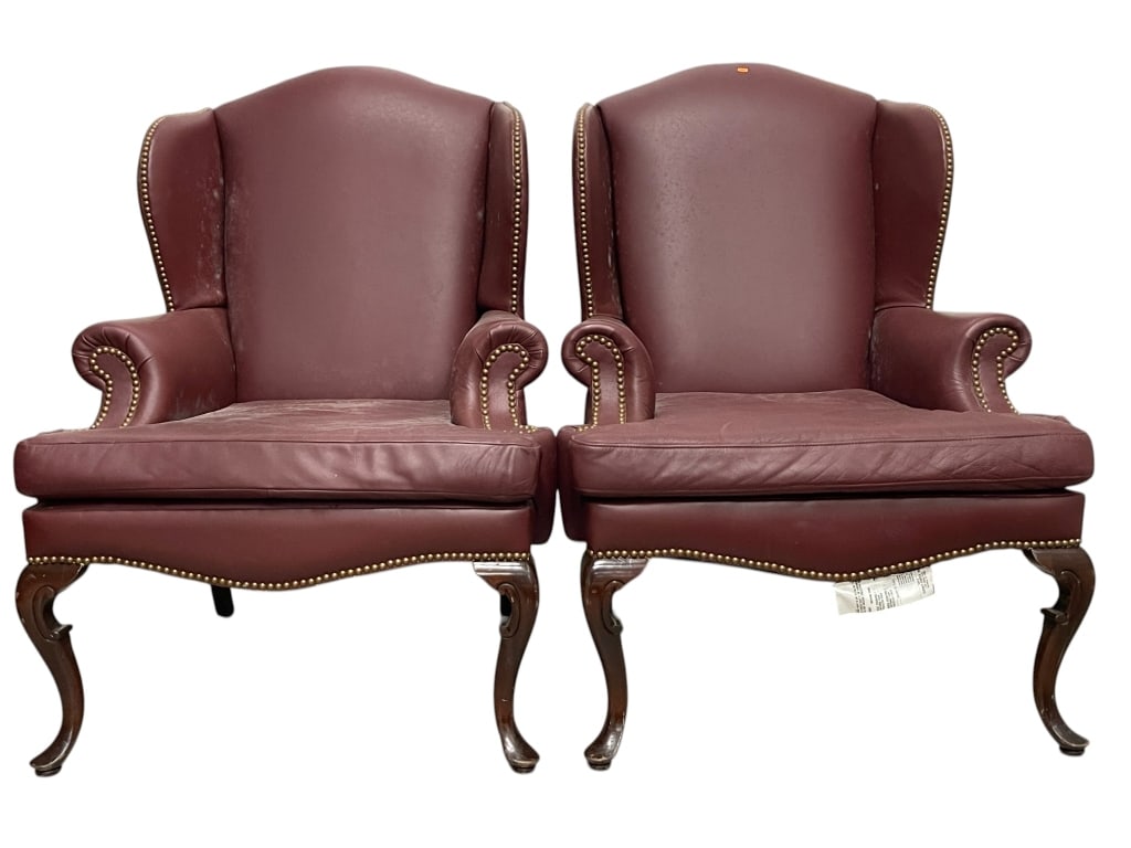 LOT OF 2 BURGUNDY LEATHER WING CHAIRS 32" W X 43"H (1 of 14)