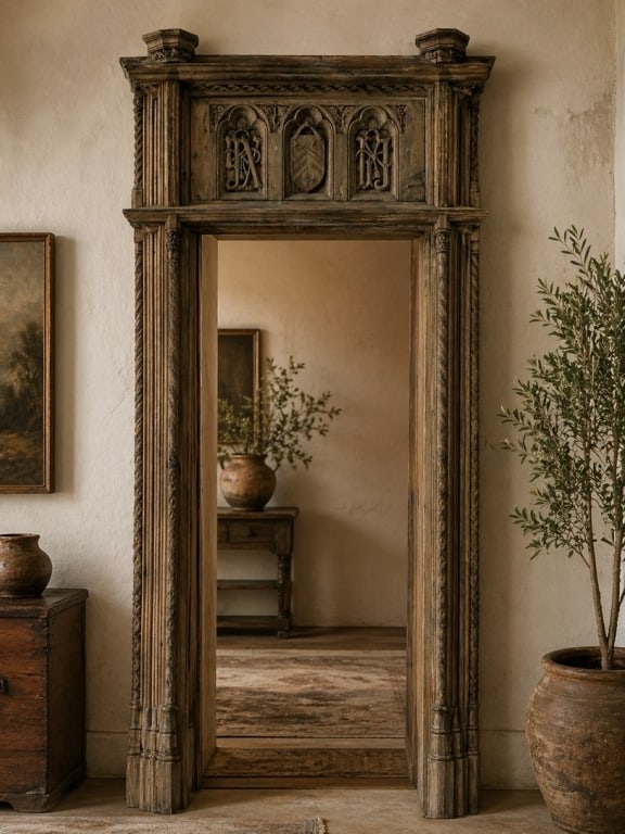 ANCIENT ANTIQUE OLD WOOD CARVED DOORWAY ENTRANCE: OPEN DOORWAY - old old old antique piece of wood, carving still amazing, it is laying as you see it not as the staged photo shows but a lot of items from here are theatre props so this might have been