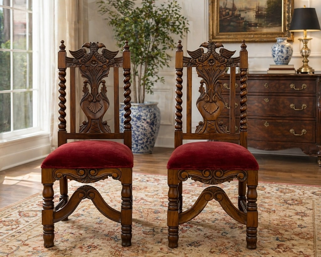 LATE 1800'S CARVED EAGLES WOOD RED VELVET CHAIRS 2: PAIR OF GOTHIC STYLIZED CHAIRS WITH carvings of eagles at the crest of the chair and deep twist bars and design at the base of the chairs, red vevlet seating. These are FABULOUS! See all pictures plea