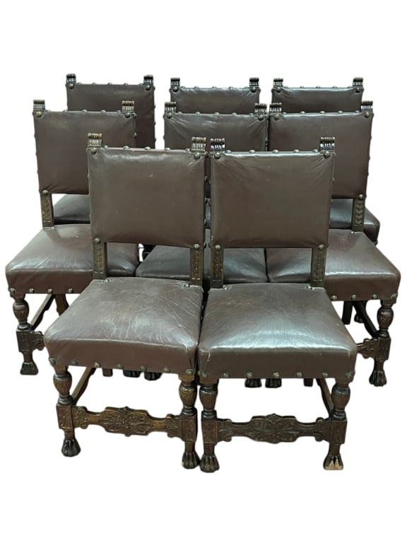 8 X ANTIQUE RENN REVIVAL DK WOOD LEATHER CHAIRS (1 of 8)