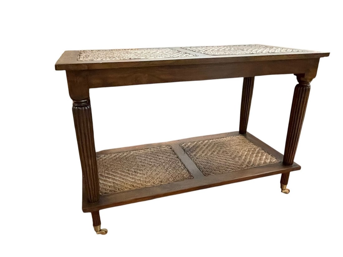 ANTIQUE RATTAN WEAVE INSET TWO TIER WHEEL TABLE: Located in Delray- By Appointment Pickup May 16th 12-5- NOT at DeJaVu Showroom!! ** THIS LOT IS OFFSITE PICK UP - THESE ITEMS WILL BE FOR PICK UP IN DELRAY BEACH, FLORIDA ONLY ON DESIGNATED DAYS, PLEA