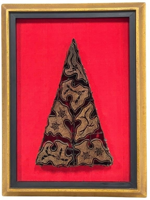 ANTIQUE BLACK IRON TEXTILE PRINT BLOCK RAJASTHAN: MEASUREMENTS: 12" X 16" IN SIZE The triangular shape with repeating floral motifs strongly suggests it was used to print fabric patterns, wallpaper, or decorative paper.The carved design shows raised 
