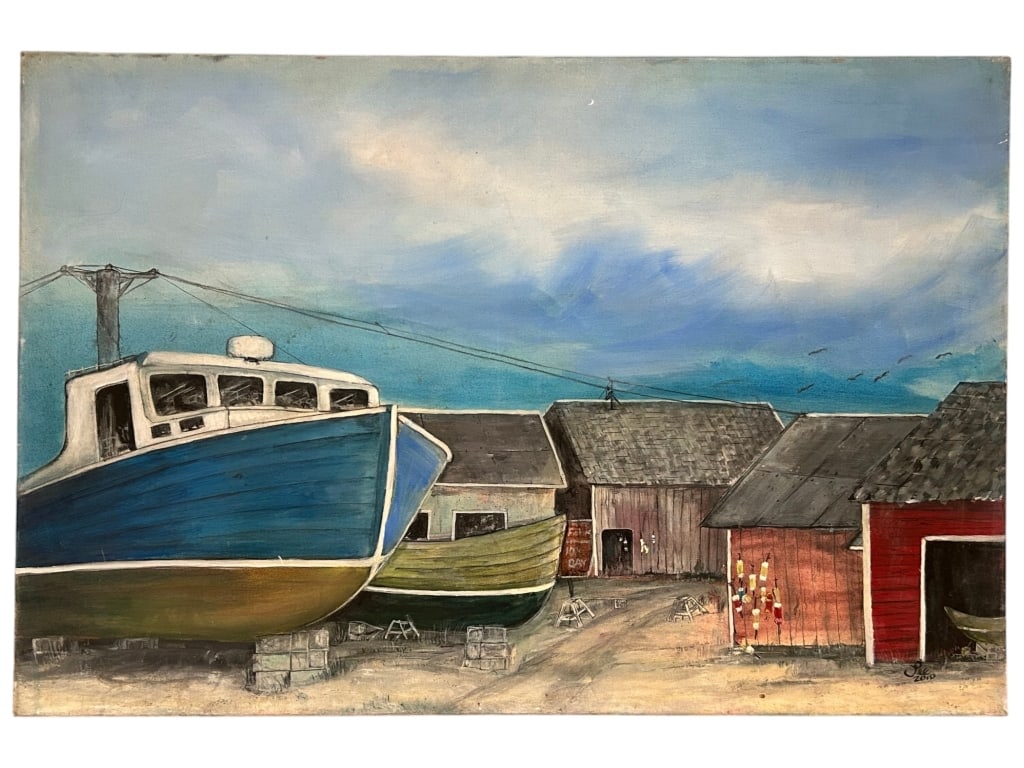 SIGNED 2010 NAUTICAL BOATYARD SCENE OIL PAINTING: SIGNED 2010 NAUTICAL BOATYARD SCENE OIL PAINTING Original coastal scene depicting large fishing vessels in dry dock alongside rustic seaside buildings and docks, rendered in a soft, atmospheric palett