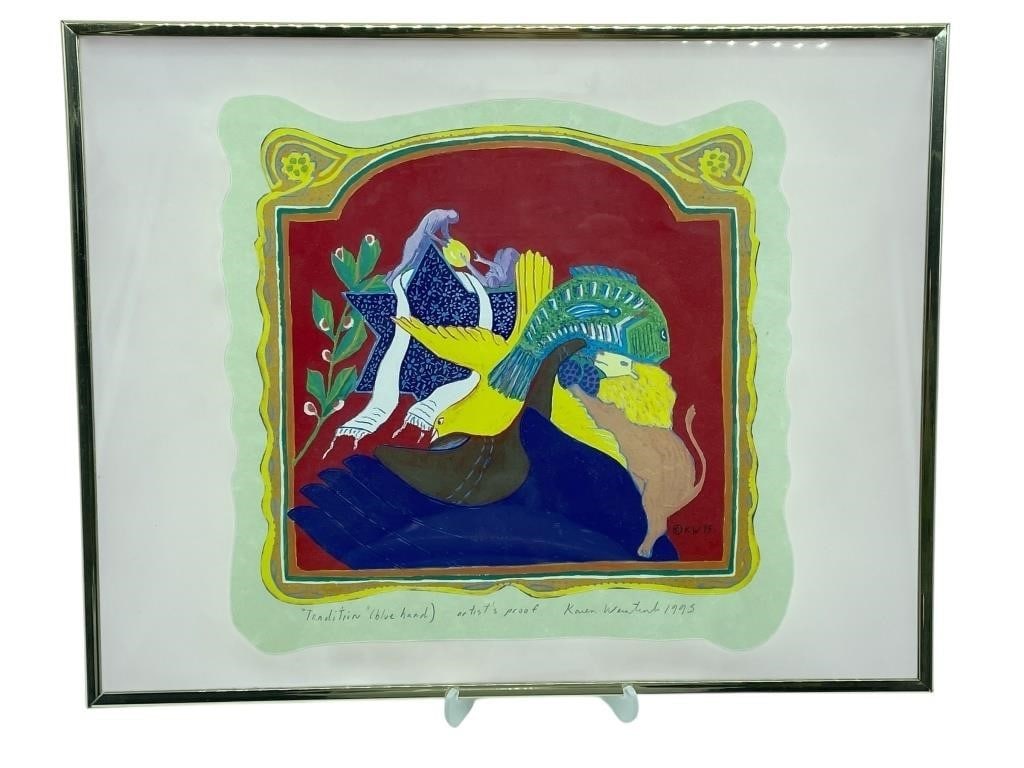 ARTIST PROOF SERIGRAPH KAREN WENTINK "TRADITION": -A striking, brightly colored Modernist or Folkloric Artist's Proof (A/P) serigraph (screen print) titled "Tradition (blue hand)" by artist Karen Wentink, dated 1995. The work features a dense composi