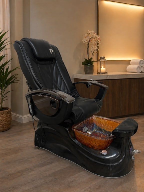 LURACA MAGNA JET PEDICURE SPA CHAIR WITH MOTOR: High-end Luraco Magna Jet pedicure spa chair featuring a plush black leather reclining seat, integrated massage functionality, and a premium glass foot basin with Magna Jet motor system for pipeless, 