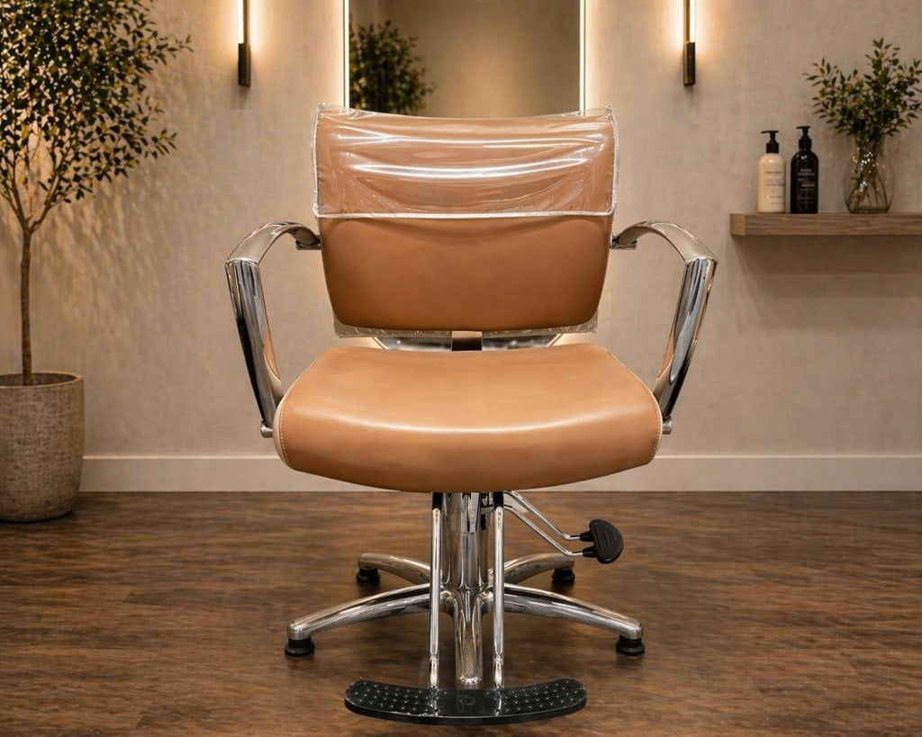 MODERN SALON STYLING CHAIR WITH HYDRAULIC BASE: This contemporary professional salon styling chair features a sleek and durable design ideal for commercial or home salon use. Upholstered in a warm tan/camel-tone vinyl, the chair offers a comfortabl
