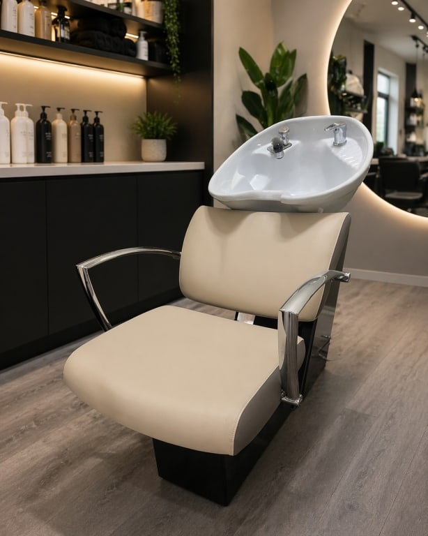 MODERN SALON SHAMPOO CHAIR WITH CERAMIC BASIN: Sleek and contemporary salon shampoo chair featuring a cream/beige upholstered seat with supportive backrest and polished chrome armrests, paired with a white ceramic shampoo basin complete with fauce