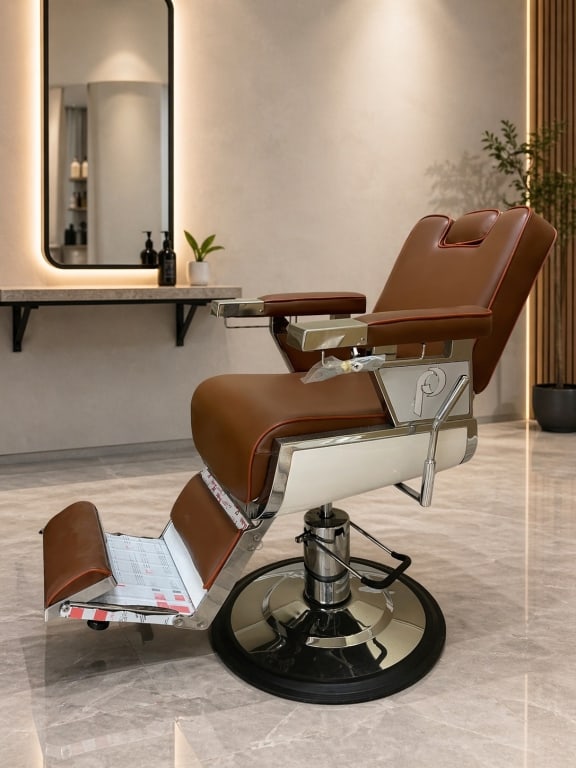 MODERN BROWN SALON BARBER CHAIR WITH CHROME BASE (1 of 5)