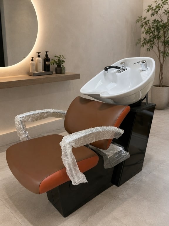 MODERN SALON SHAMPOO BACKWASH CHAIR: Contemporary salon shampoo backwash station featuring a cushioned brown vinyl chair, integrated black cabinet base, and white ceramic shampoo bowl with faucet and spray fixture. Designed for professio