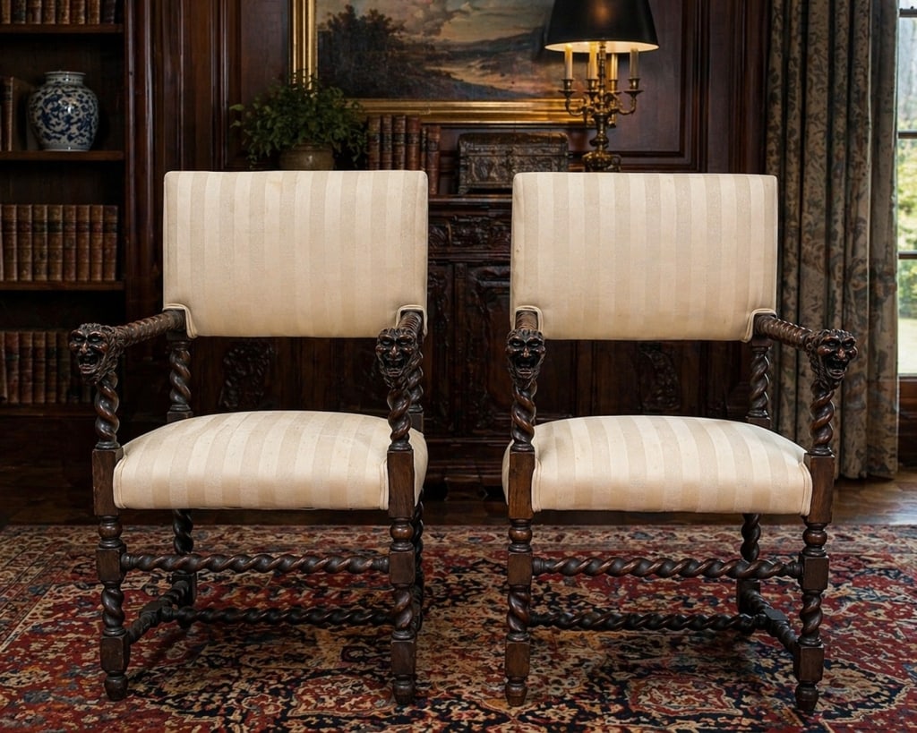 LATE 1800'S JACOBEAN RENN REVIVAL CARVED ARMCHAIRS: LOT OF 2 ARMCHAIRS SOLD TOGETHER. Measures 38" tall, 20" wide and 17" to top of seat. Overall very good condition for the age, mild signs of wear showing, the wood carving is fabulous! Pair of antique