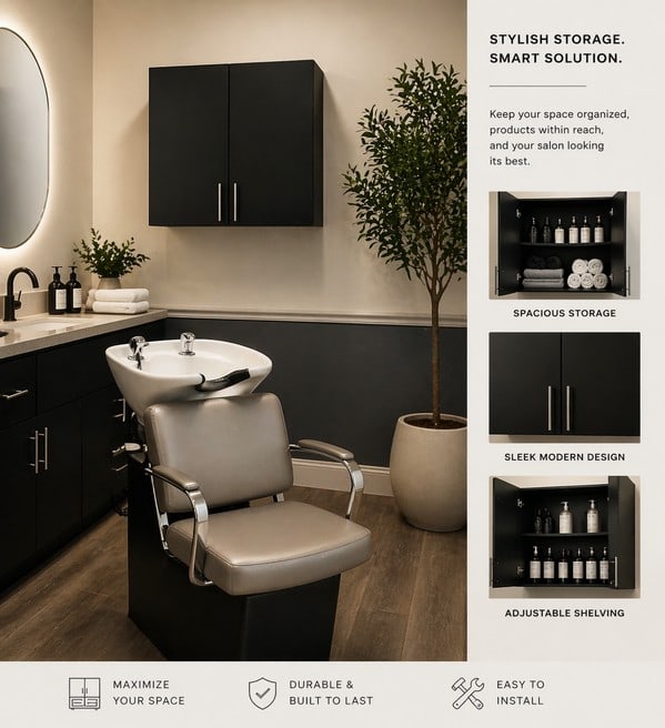 SALON WALL HANGING BLACK SHAKER CABINET TOWELS: 1 of 3 listed cabinets. Salon used like new, black shaker style cabinet affixed to the wall, use above hairwashing station best. Great condition. Approx 32" x 30" in size. msn260421 ** THESE ITEMS WIL