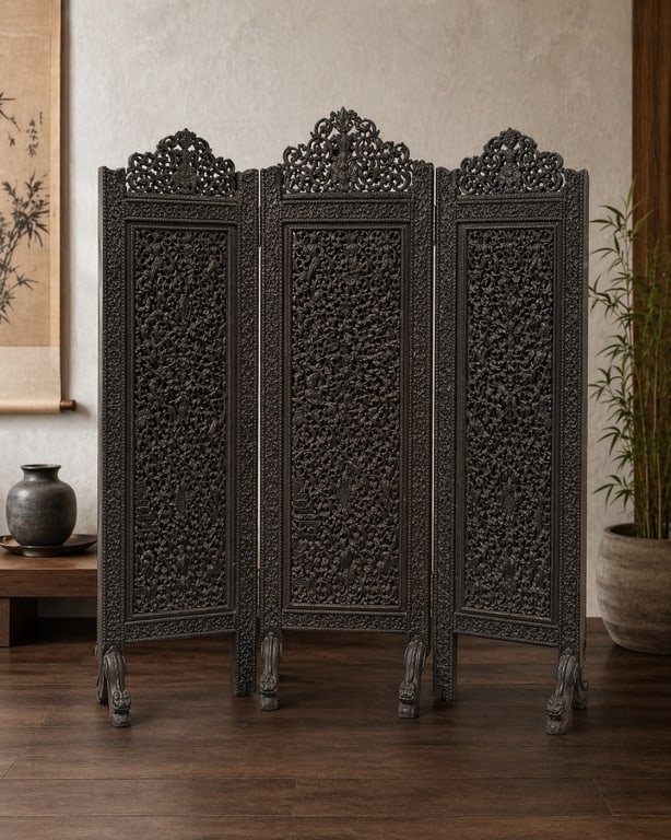 CARVED SOUTHEAST ASIAN FOLDING WOOD SCREEN 71" (1 of 13)