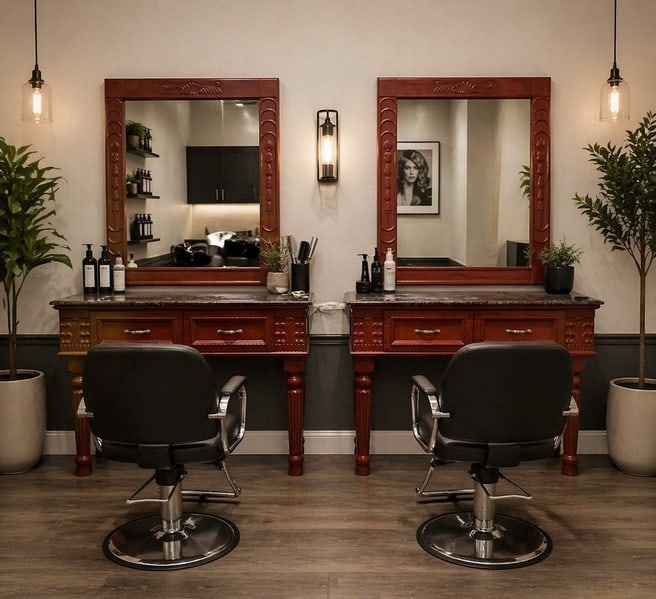 PAIR MATCHING WOOD SALON HAIRSTYLE STATIONS WOOD: This matching pair sold together, wood with marble top and matching wall mirrors. The stations affix to the wall and are balanced when affixed. Two leg construction, drawer in front. Really elegant Qu