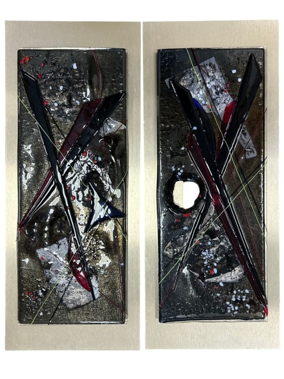 ABSTRACT ART GLASS DIPTYCH WALL PANELS 24" X 10" (1 of 10)