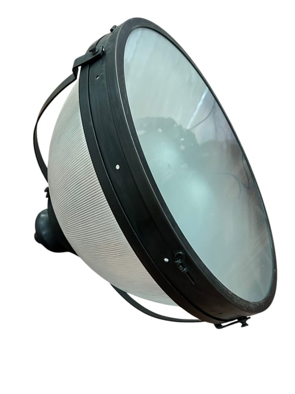 INDUSTRIAL HIGH-BAY SPOTLIGHT PENDANT GLASS SHADE: INDUSTRIAL HIGH-BAY SPOTLIGHT PENDANT WITH PRISMATIC GLASS SHADE Authentic industrial high-bay spotlight fixture featuring a large ribbed prismatic glass dome encased in a heavy-duty metal frame with 