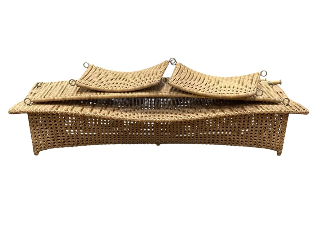 MID MOD FOLDING WOVEN RATTAN DAYBED LOUNGER AS IS: Mid-Century Folding Woven Rattan Daybed / Lounge 82" X 35" Vintage portable lounge constructed with woven reed panels and tubular supports, designed to assemble into a low-profile daybed or chaise. Fe