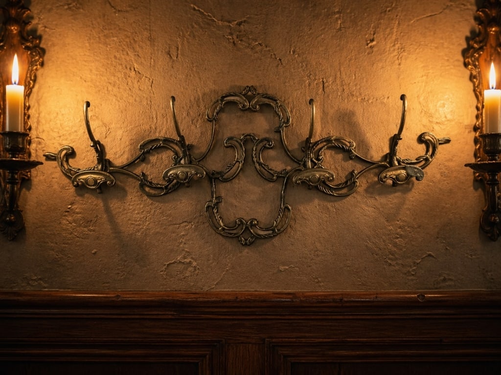 SCROLLWORK METAL HALL TREE WALL HOOK RACK 31": Elegant vintage brass wall-mounted coat or hat rack featuring ornate scrolling Rococo-style design with multiple hooks for hanging coats, hats, scarves, or accessories. Constructed of solid brass with