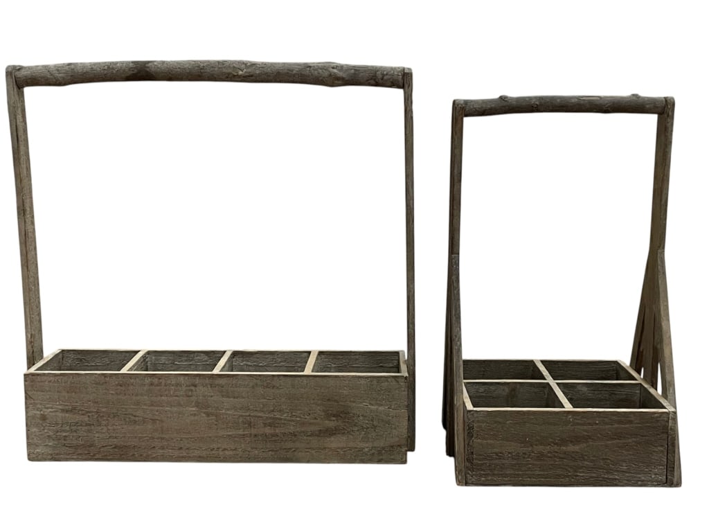 RUSTIC WOODEN BOTTLE CARRIER FARMHOUSE DECOR: Both pieces exhibit light surface wear consistent with decorative use, adding to their rustic character. Solid construction with sturdy handles for easy transport. Ideal for farmhouse, cottage, or cou
