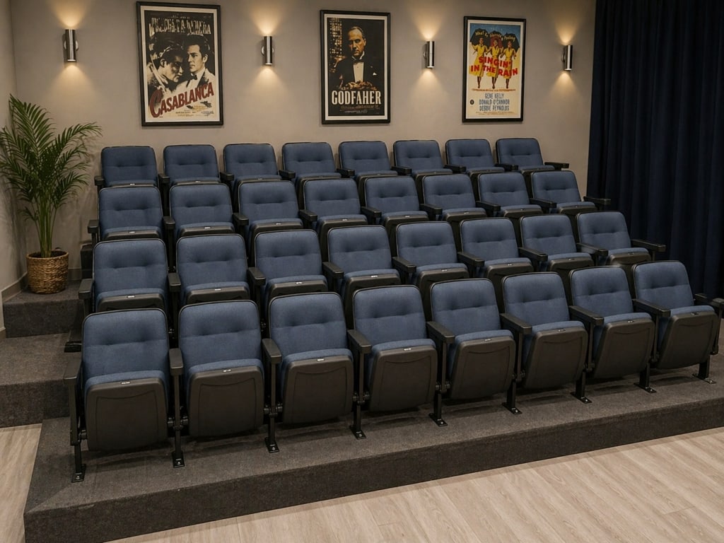 MASSIVE LOT ROOM FULL OF BLUE THEATRE CHAIRS AS IS: Room full of seat folding theatre chairs as shown, win the bid and collect the whole room plus a few more. 36 guaranteed, likely more than that. Commercial-grade fixed theatre seating featuring molded