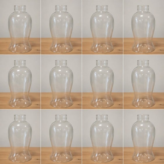 12 X CLEAR GLASS LAMP SHADES GLOBES BELL SHAPE: Set of vintage-style clear glass lamp shades featuring a classic urn/bell silhouette with a gently flared base and slightly tapered neck. Each shade has a smooth, transparent finish that allows maximu