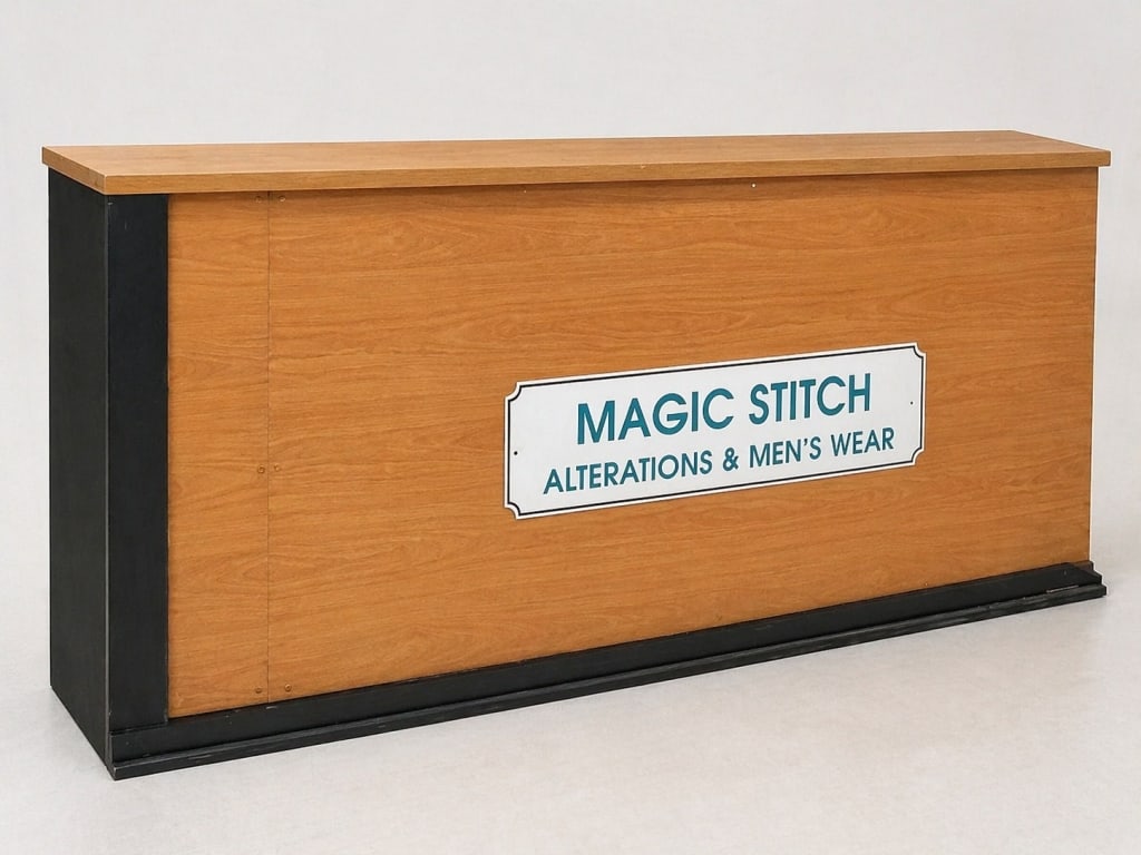 COMMERCIAL WOOD W/ BLACK TRIM GREETING COUNTER BIZ: Commercial wood console sized counter with greeting height, thinner style with lower unfinished wood work space behind. 104" wide. msn260422 ** THESE ITEMS WILL BE FOR PICK UP OFF SITE (IN DELRAY BEAC