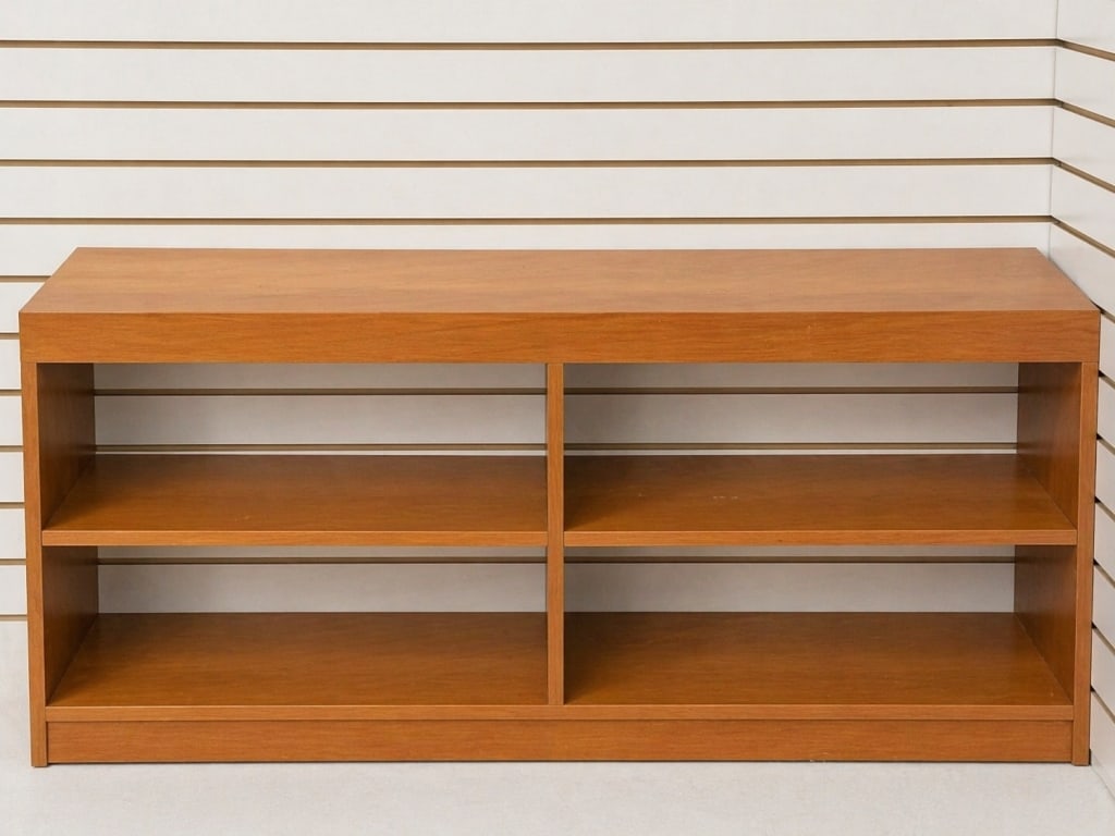 MATCHING COMMERCIAL STORE LOW FLOOR SHELF 30" WIDE: APPROX 30" WIDE with four small inserts and a thicker outer made of manufactured wood. Great condition. Matches the wall shelves and the large tall corner shelf pieces. msn260424 ** THESE ITEMS WILL B