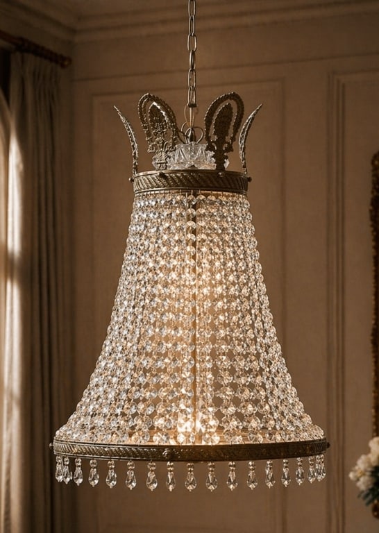 VINTAGE CRYSTAL BEADED CHANDELIER BRASS FRAME 32": Striking vintage chandelier shade featuring cascading faceted crystal bead strands suspended from an ornate brass-tone frame with decorative pierced crest panels and scrolling detail, offering a glamo