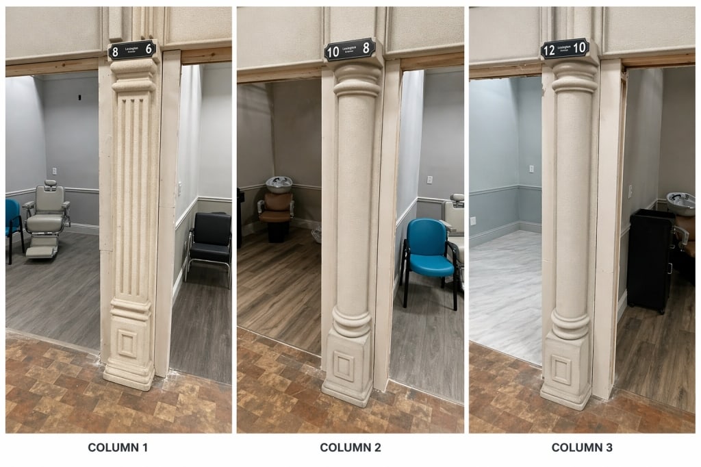 LOT OF 3 NYC INSIDE CITY FAUX STONE COLUMNS 7 FT: Located at 8-6 10-8 12-10 LEX 3 columns total under pink awning facade. COLUMNS are sold as shown in pictures, all columns are approximately 7 feet tall. If the facade is set back from the column the 