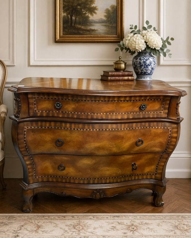 BOMBE-STYLE WALNUT CHEST OF DRAWERS WITH INLAY 37" (1 of 9)