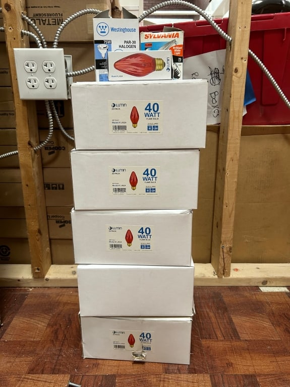 5 BOXES OF 40 WATT RED BULBS: Located in Delray- By Appointment Pickup May 16th 12-5- NOT at DeJaVu Showroom!! ** THIS LOT IS OFFSITE PICK UP - THESE ITEMS WILL BE FOR PICK UP IN DELRAY BEACH, FLORIDA ONLY ON DESIGNATED DAYS,