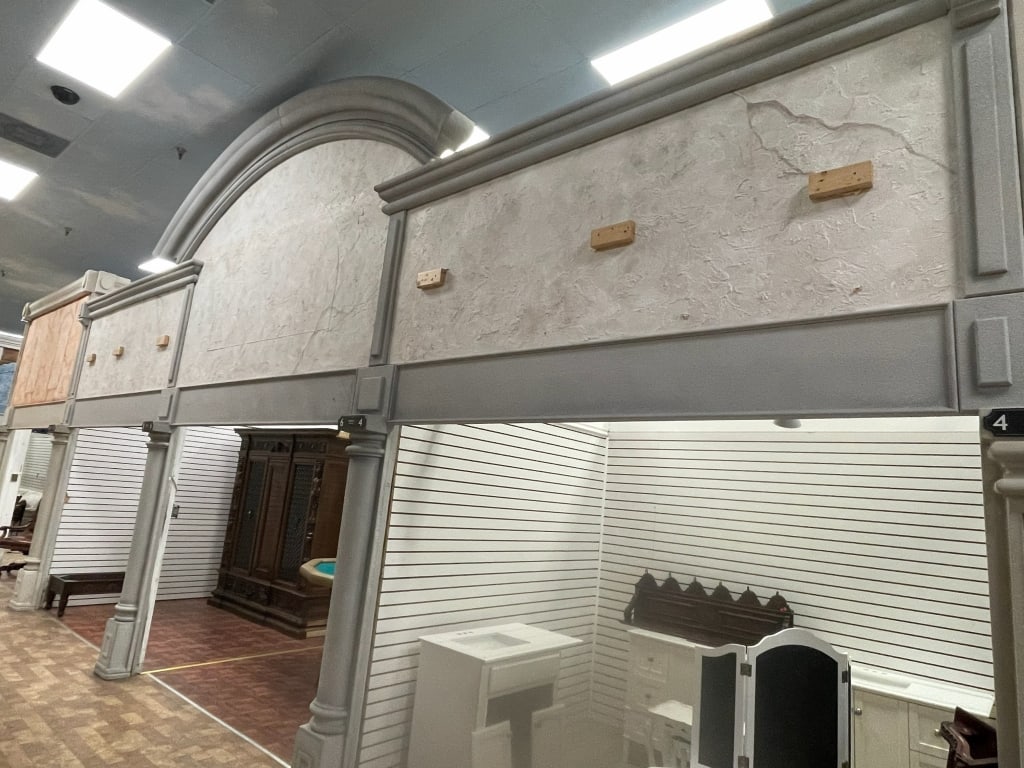 TRIPLE GRAY STONE FAUX BLDG FACE 6 4 MADISON: FACADES are sold as shown in pictures, for visualization the ceiling is 19 feet tall and the columns are 7 foot. If the facade is parallel to column the measure will be approx from the column up. If