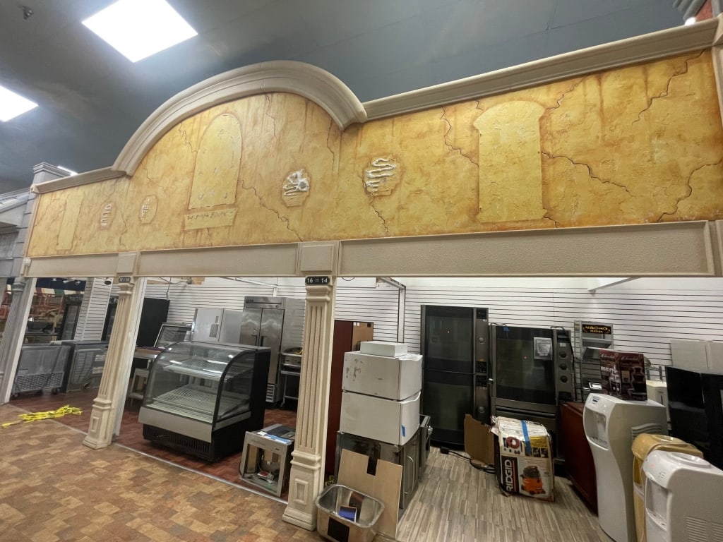 TRIPLE YELLOW BUILDING FACADE W/ 2 COLUMNS: FACADES are sold as shown in pictures, for visualization the ceiling is 19 feet tall and the columns are 7 foot. If the facade is parallel to column the measure will be approx from the column up. If t