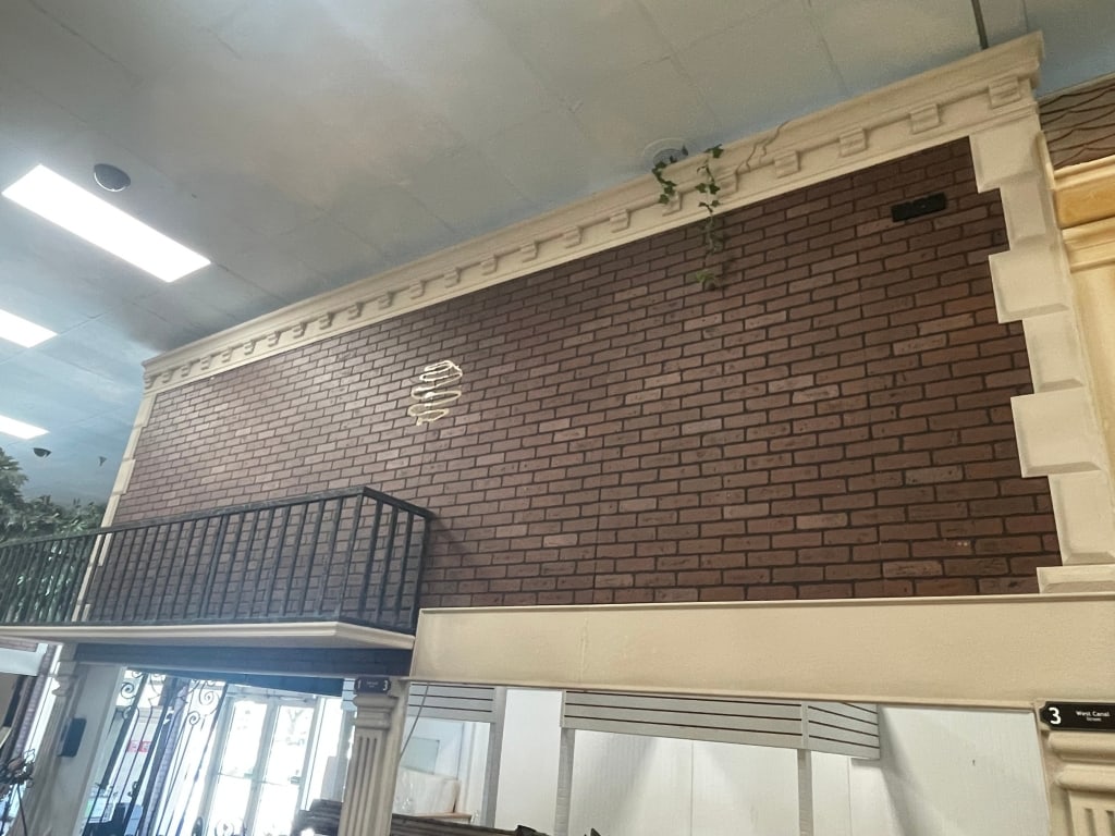 CORNER ENTRANCE BUILDING FACADE W/ RAILING 2 COLMS: FACADES are sold as shown in pictures, for visualization the ceiling is 19 feet tall and the columns are 7 foot. If the facade is parallel to column the measure will be approx from the column up. If t