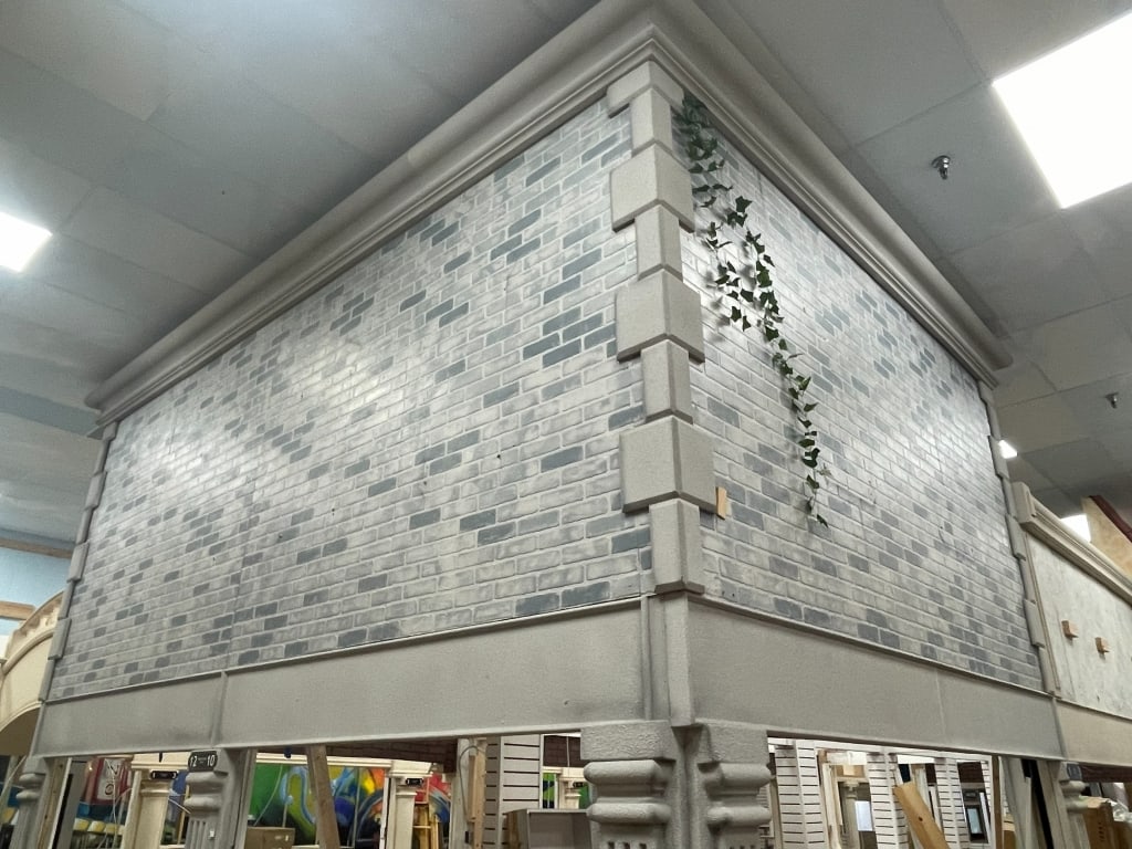 GRAY CORNER BUILDING FACADE W/ CORNER COLUMN 47 ST: FACADES are sold as shown in pictures, for visualization the ceiling is 19 feet tall and the columns are 7 foot. If the facade is parallel to column the measure will be approx from the column up. If t