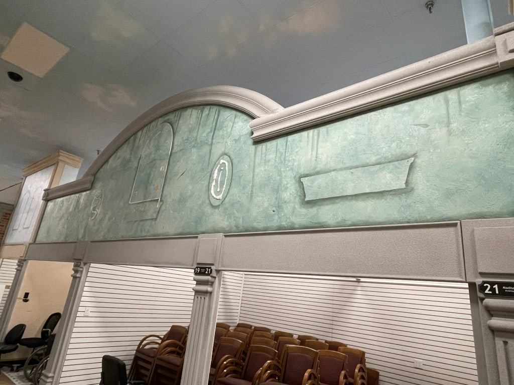 MINT GREEN STONE FAUX BUILDING FACADE INDOOR CITY: FACADES are sold as shown in pictures, for visualization the ceiling is 19 feet tall and the columns are 7 foot. If the facade is parallel to column the measure will be approx from the column up. If