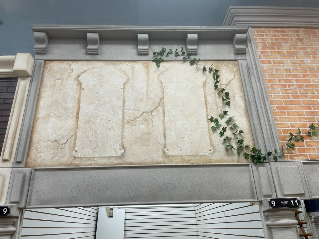 SLATE GRAY STONE FAUX BUILDING FACADE INDOOR NYC: FACADES are sold as shown in pictures, for visualization the ceiling is 19 feet tall and the columns are 7 foot. If the facade is parallel to column the measure will be approx from the column up. If t