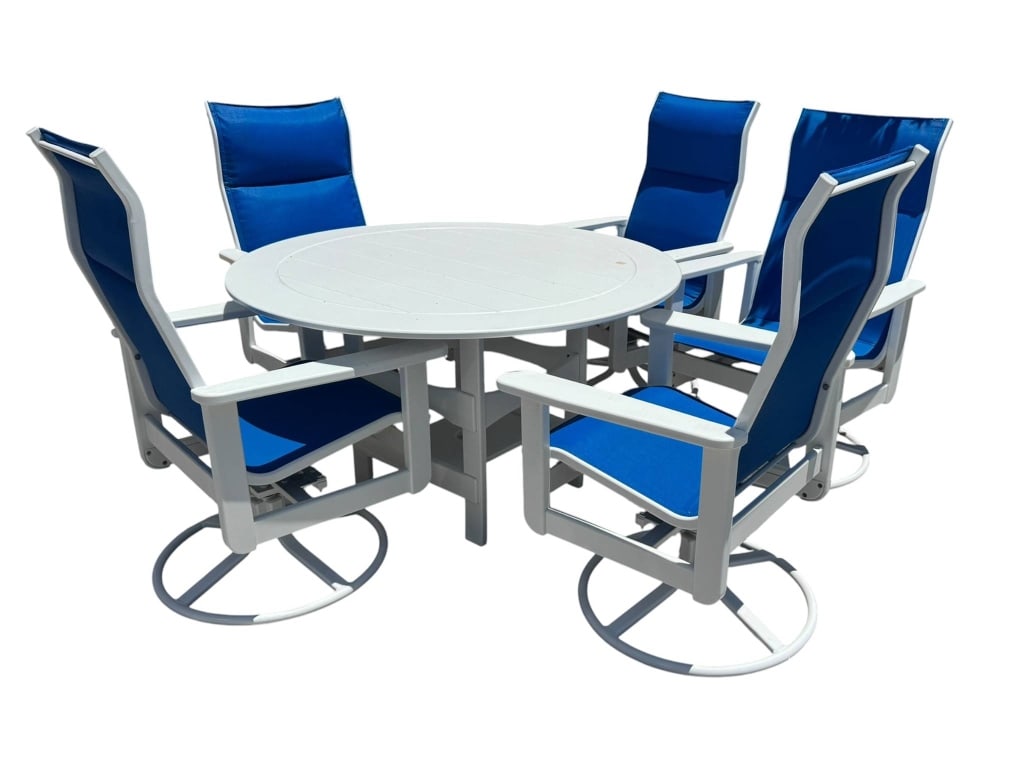 FIVE PIECE OUTDOOR PATIO DINING SET: Five piece outdoor patio dining set includes one round dining table and four swivel chairs with blue and white construction. Shipping Available at www.DeJaVuAuctionShipping.com. By bidding in this auc